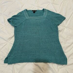 August Silk Womens Medium Teal Short Sleeve Crochet Acrylic Blend Blouse